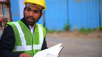 Man in Hard Hat Writing in Notebook video