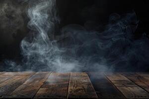 A dark background highlights an empty wooden table where smoke elegantly rises The perfect copy space image to showcase your products photo