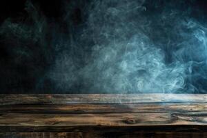 A dark background highlights an empty wooden table where smoke elegantly rises The perfect copy space image to showcase your products photo
