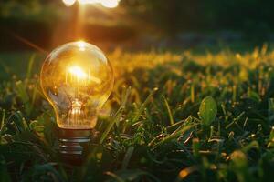 Simple light bulb on green grass and sunlight in nature photo