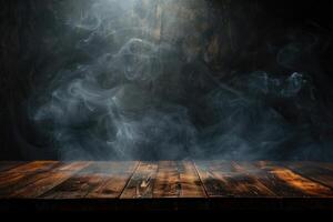 A dark background highlights an empty wooden table where smoke elegantly rises The perfect copy space image to showcase your products photo