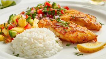 Fish dish - fried cod fillet with boiled white rice and fresh fruit salsa on white table photo
