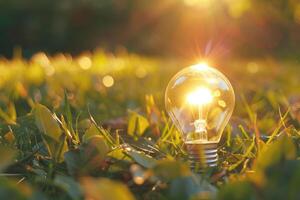 Simple light bulb on green grass and sunlight in nature photo