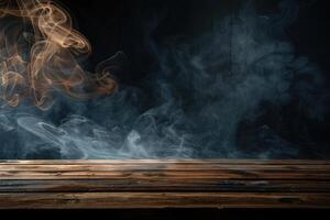 A dark background highlights an empty wooden table where smoke elegantly rises The perfect copy space image to showcase your products photo