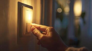 Closeup of a hand turning off a light switch in a softly lit room photo