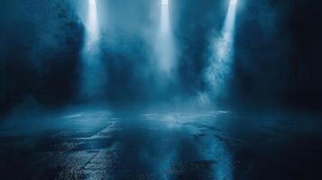 Dark street, wet asphalt, reflections of rays in the water. Abstract dark blue background, smoke, smog. Empty dark scene, neon light, spotlights. Concrete floor photo