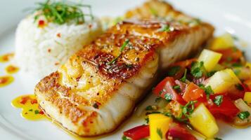 Fish dish - fried cod fillet with boiled white rice and fresh fruit salsa on white table photo