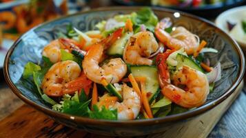 Shrimp salad on wooden table photo