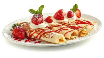 Crepes with strawberries and cream on white background photo