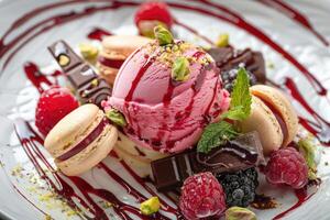 Gourmet summer dessert of artisanal or craft ice cream made with fresh berries, macaroons, pistachio nuts and chocolate photo
