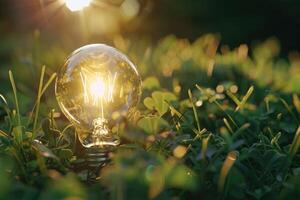 Simple light bulb on green grass and sunlight in nature photo