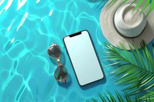 Mobile phone mockup with blank screen laying on the blue water of the sea or pool with palm tree, sunglasses and hat photo
