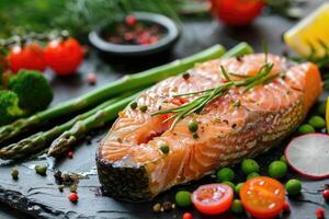 Roasted salmon steak with asparagos broccoli carrot tomatoes radish green beans and peas. Fish meal with fresh vegetable photo