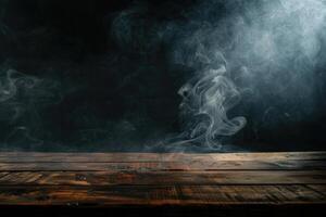 A dark background highlights an empty wooden table where smoke elegantly rises The perfect copy space image to showcase your products photo