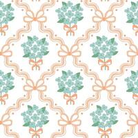 Bowknots, ribbons and hydrangea seamless pattern. Floral coquette grandmillennial wallpaper. Soft pink and green cottagecore trellis, retro repeat background, gentle print, textile design. vector