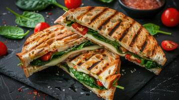 Vegetarian sandwich panini with spinach leaves, tomatoes and cheese on a dark table. Toast with cheese. photo
