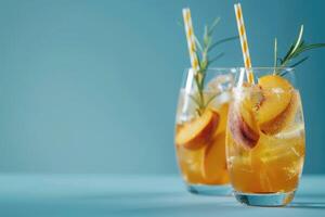 Peach cocktail and rosemary-lime iced tea on blue background with space for text, refreshing summer drinks with fizzy twist for copy and social media photo