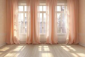 Backlit window with delicate beige-pink translucent curtains in an empty room. Peach fuzz color 2024 photo