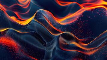 Grainy noisy poster background, dark blue orange red color wave black backdrop abstract header banner design photo