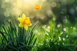 Beautiful daffodil flower in nature in morning outdoors in rays of sunlight and orange fluttering butterfly on background of grass in dew drops with beautiful round bokeh photo