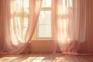 Backlit window with delicate beige-pink translucent curtains in an empty room. Peach fuzz color 2024 photo