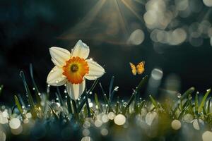 Beautiful daffodil flower in nature in morning outdoors in rays of sunlight and orange fluttering butterfly on background of grass in dew drops with beautiful round bokeh photo