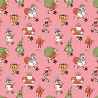 Seamless pattern with retro cartoon Christmas characters on a pink background, inspired by the animation styles of the 40s, 50s, 60s, wearing skates and acting as Christmas mascots vector