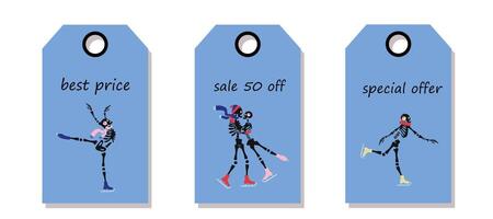 Set of discount price tags. Labels with cute skeleton characters is skating on ice, their bony figures gliding smoothly. Template for shopping tags. Christmas sale. vector