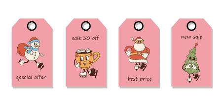 Set of discount price tags. Labels with retro cartoon Christmas characters on a pink background,. Template for shopping tags. Christmas sale. vector