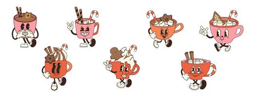 A set of retro cartoon cups of hot chocolate with marshmallows and candy canes, designed as Christmas mascot characters vector