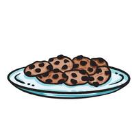 Chocochip cookies on plate colorful illustration isolated on square white background. Simple flat outlined cartoon art styled sweet food drawing. vector