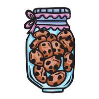 Chocochip cookie jar with pink ribbon colorful illustration isolated on square white background. Simple flat outlined cartoon art styled sweet food drawing. vector