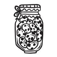 Chocochip cookie jar black and white illustration isolated on square white background. Simple flat outlined cartoon art styled sweet food drawing. vector
