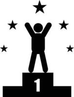 Man on pedestal podium with hands raised icon. Successful businessman a man champion standing on podium sign. Star achiever silhouette icon symbol. flat style. vector