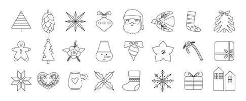 Linear Christmas icons and elements. Retro vintage New Year symbols. Winter festive holidays. Line art. Outline isolated on white. vector