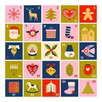 Christmas advent calendar in retro vintage style. Christmas illustrations and numbers. Winter festive tradition. Countdown holiday calendar. Minimalist design. Banner, poster, card template. . vector