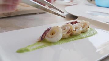 Chef Is Plating A Second Course Of Octopus Fish On A Cream Of Zucchini Base video
