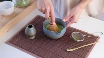 Step by step tutorial making Japanese matcha tea. Step four, whisking tea until froth video
