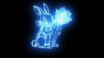 icon of a rabbit eating carrots with a neon effect that lights up blue video