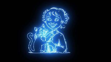 icon playing with a cat with a neon effect that lights up blue video