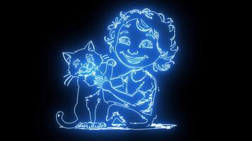 icon playing with a cat with a neon effect that lights up blue video