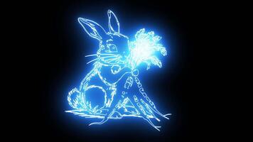icon of a rabbit eating carrots with a neon effect that lights up blue video