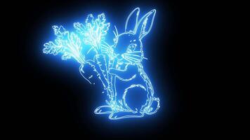 icon of a rabbit eating carrots with a neon effect that lights up blue video