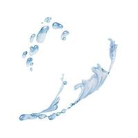 Water flow, splashes bubbles waves with drops, ice cubes hand drawn in watercolor. Blue liquid pouring motion, flowing clear wet spray ripples. Illustration, single object isolated on white background vector