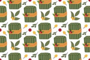 Festive bright gift box can be repeated and scaled in any size . Doodle cartoon style illustration for fabric or paper design. vector