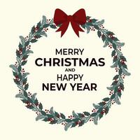 Merry Christmas and Happy New Year greeting card with floral wreath on light background vector