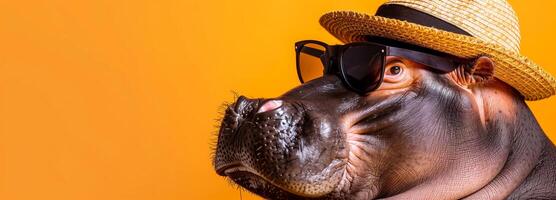 Hippo with hat and sunglasses, orange background, safari tour advertising with text space photo