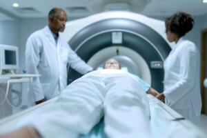 An African American doctor monitors a CT scan in a modern hospital, using advanced imaging technology to make an accurate diagnosis photo