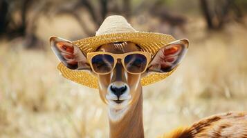 Antelope in sunglasses and hat on safari background, promoting wildlife tours photo