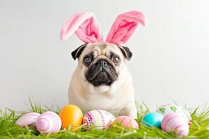 Pup in rabbit ears - easter eggs on white background- holiday concept photo
